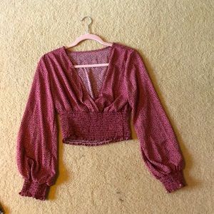 Clinched waist pink deep v neck top with mini polka dots